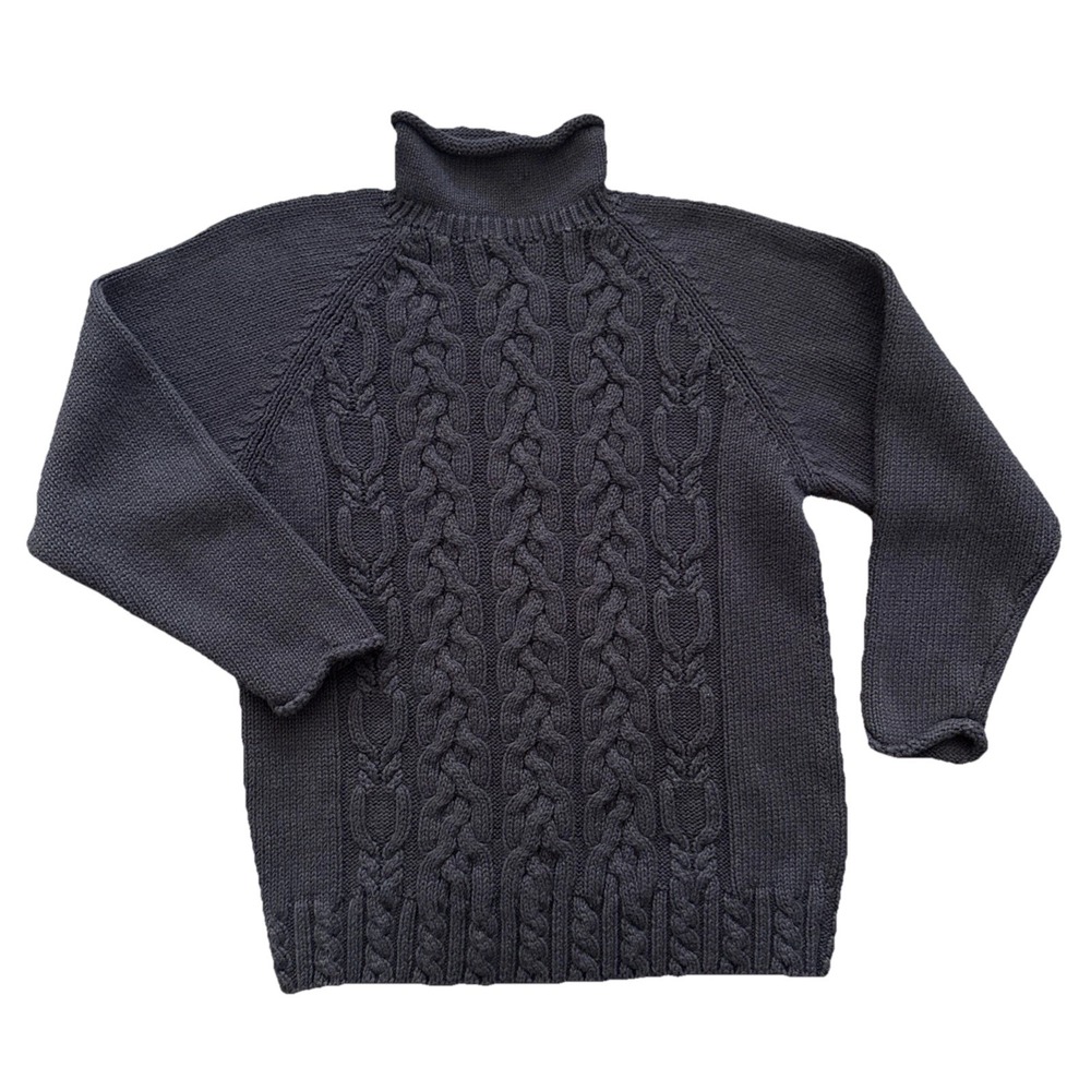 Yarnworks Roll Neck Cable Knit Sweater Women M Black Fisherman Vintage
